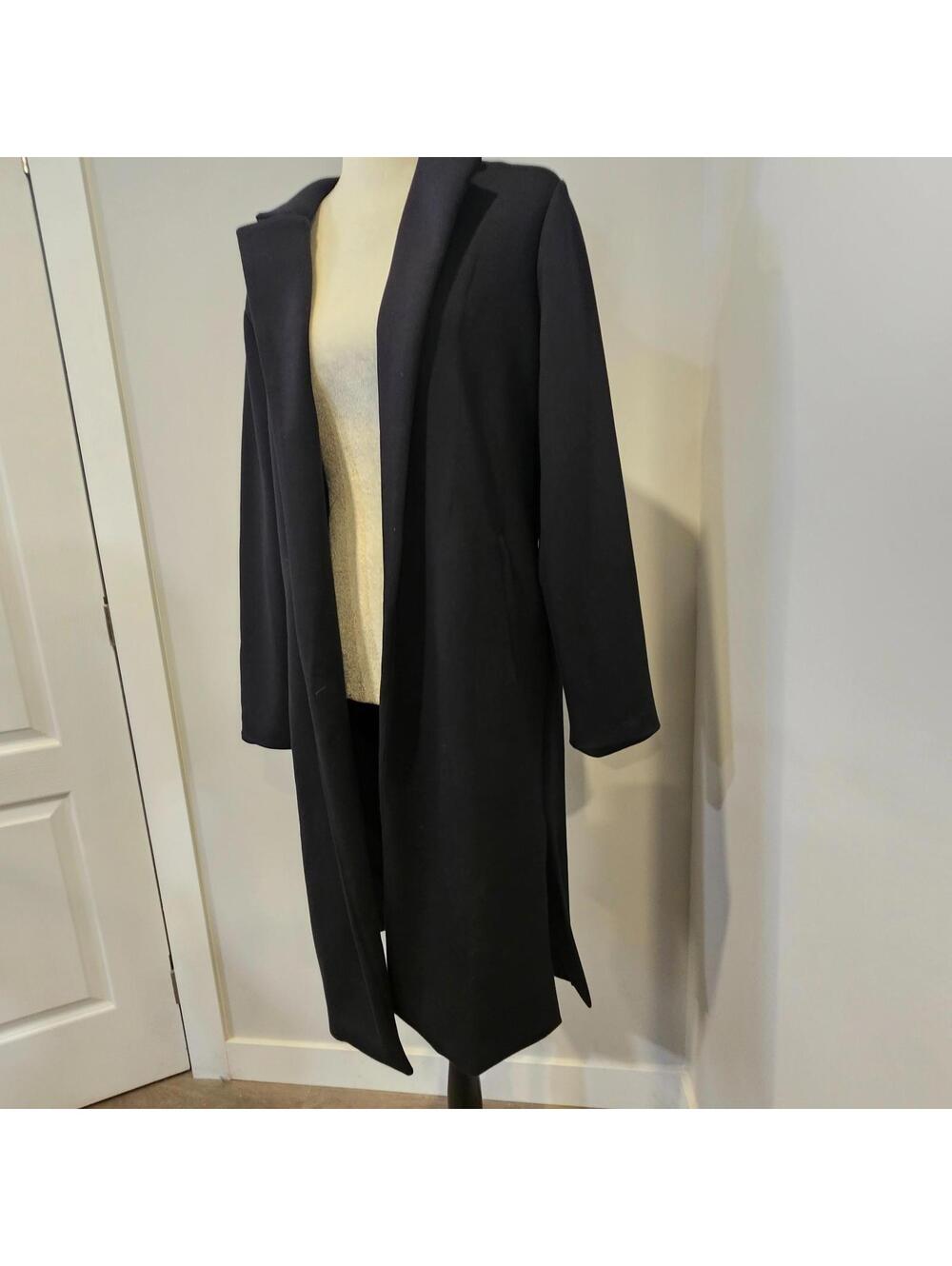 Spanx Black Open Front Longline Coat Jacket Back Belt Detail Size L Fits M